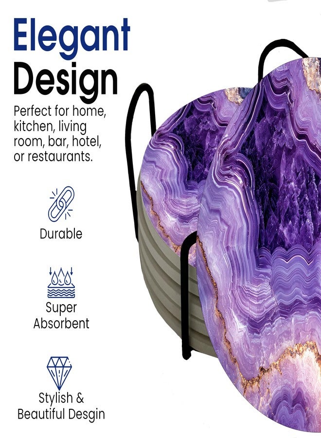 DAJDC Purple Agate Marble Round Coasters Set of 6 - Abosrbent Ceramic Coasters with Metal Stand for Drinks, Coffee, Non-Slip Cork Back for Tabletop Protection, 4 Inches Marbled Pattern (Amethyst) - Image 3